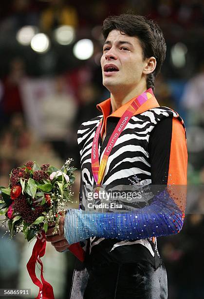 Stephane Lambiel of Switzerland cries after winning the silver medal in Men's Figure Skating following the Men's Free Skate Program Final during Day...
