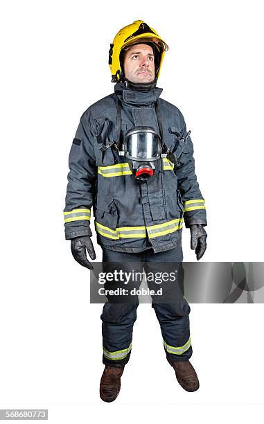 firefighter with equipment ready for emergency - red glove stockfoto's en -beelden