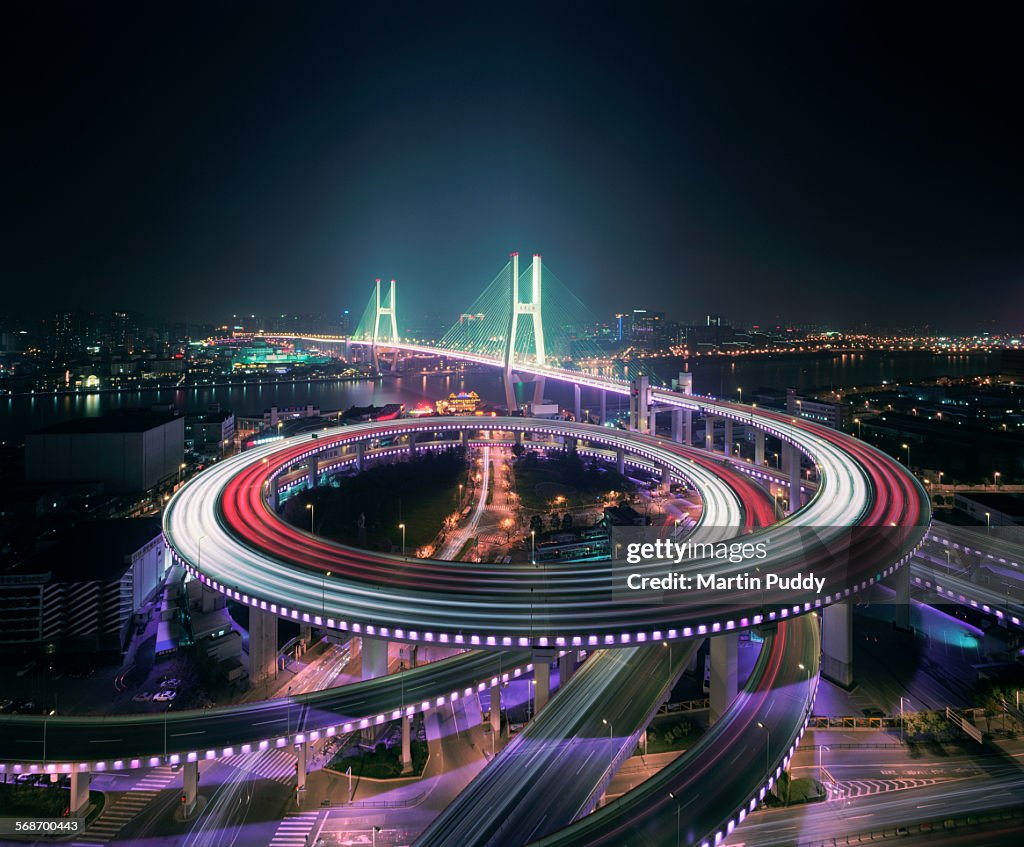 Shanghai's Nanpu bridge illuminated at night