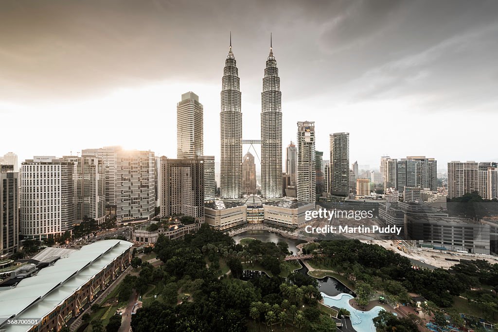 Elevated view of the Petronas towers at dusk