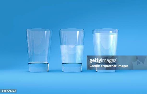 three glasses of water - bicchiere vuoto foto e immagini stock
