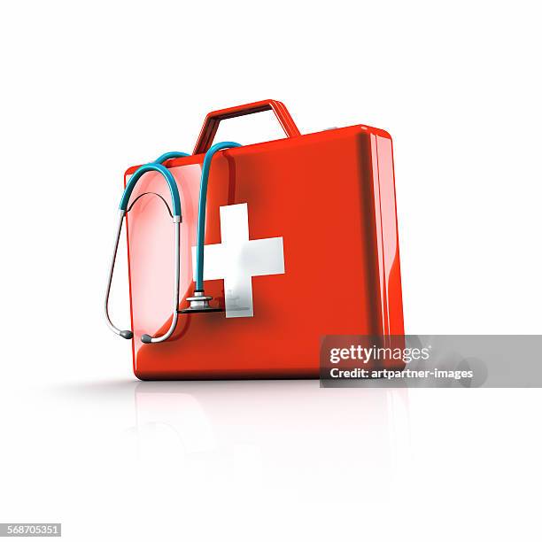 first aid kit with stethoscope - first aid kit stock-fotos und bilder