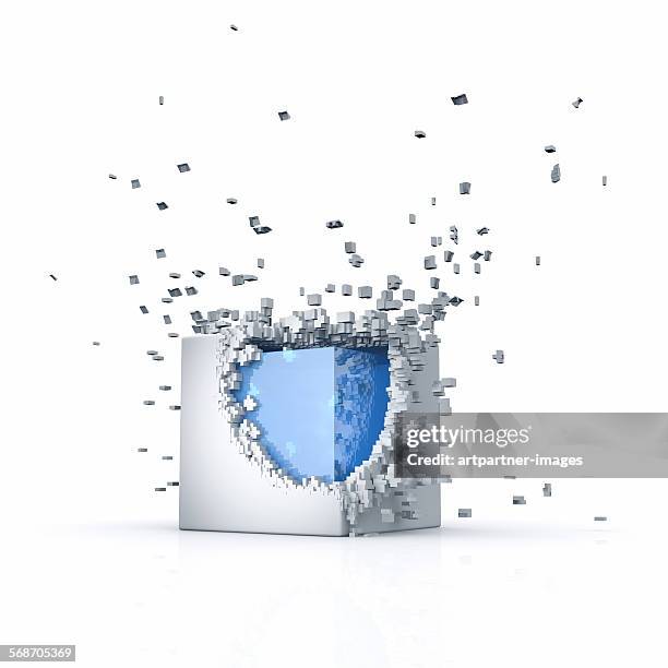 cube with a breaking shell - new discovery stock pictures, royalty-free photos & images
