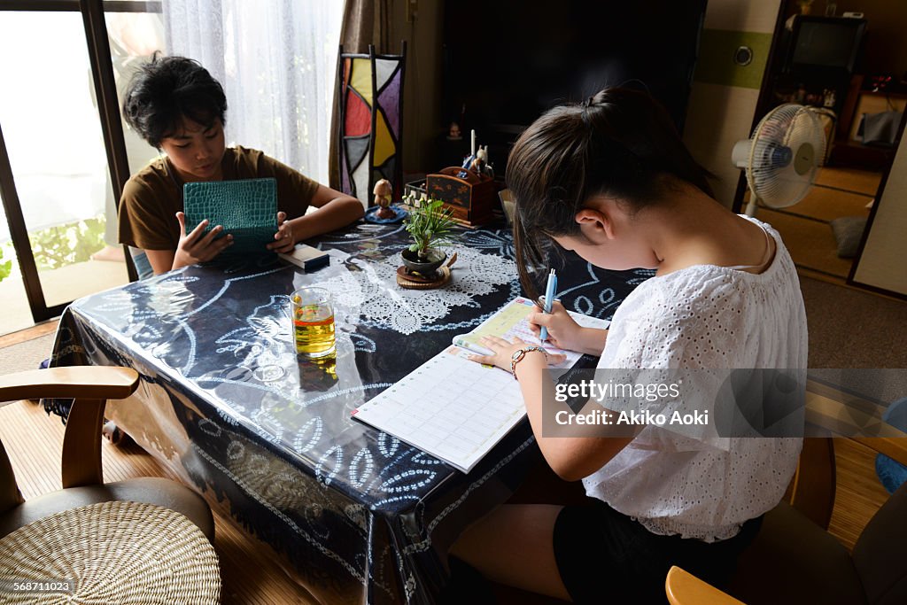 Brother and sister studying at home