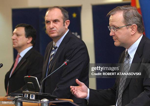 European Commission President Jose Manuel Barroso and EU Enlargement Commissioner Oli Rehn hold a press conference with Macedonian Prime Minister...