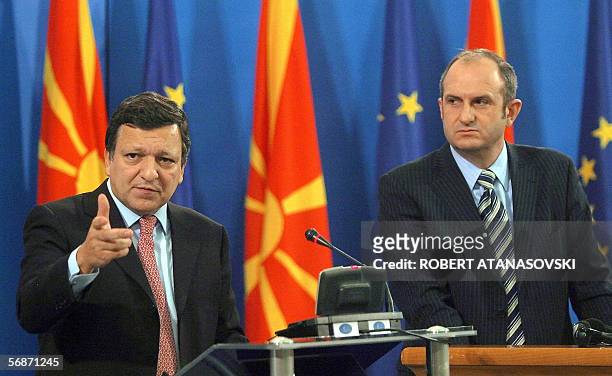 European Commission President Jose Manuel Barroso gestures during a press conference with Macedonian Prime Minister Vlado Buckovski in Skopje 17...
