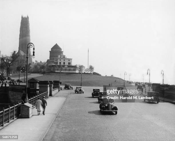 View looking south along Riverside Drive with the General Grant National Memorial , Riverside Church, and Claremont Hotel, New York, New York, 1930s.