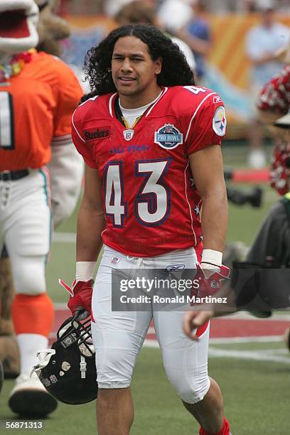 Troy Polamalu of the AFC walks on the field before the 2006 NFL Pro Bowl against the NFC on February 12, 2006 at Aloha Stadium in Honolulu, Hawaii....