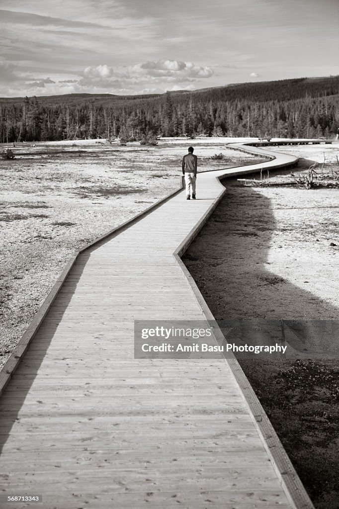 A man walks on boardwalk at Yellowstone park