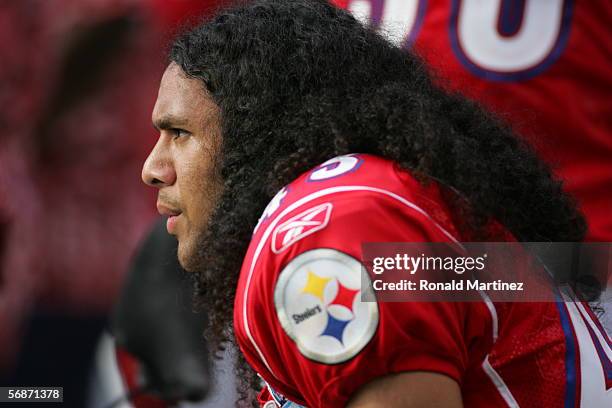 Troy Polamalu of the AFC looks on during the 2006 NFL Pro Bowl against the NFC on February 12, 2006 at Aloha Stadium in Honolulu, Hawaii. The NFC won...