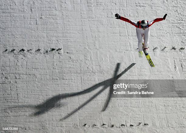 Thomas Morgenstern of Austria competes in the Large Hill Individual Ski Jumping Qualifying on Day 7 of the 2006 Turin Winter Olympic Games on...