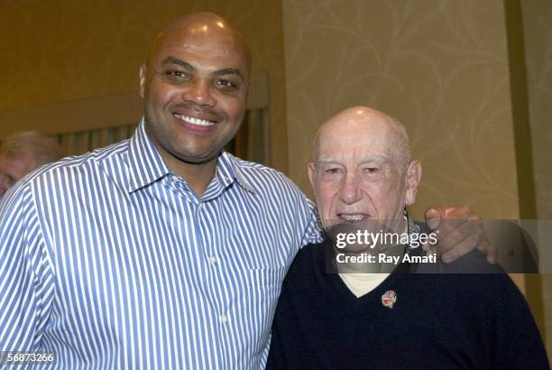 Charles Barkley and Jack Ramsay smile for the camera during the Basketball Hall of Fame Inductees Press Conference on February 17, 2006 at the Hilton...