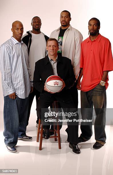 Chauncey Billups, Ben Wallace, Flip Saunders, Rasheed Wallace and Richard Hamilton of the Detroit Pistons poses for a portrait during the 2006 NBA...