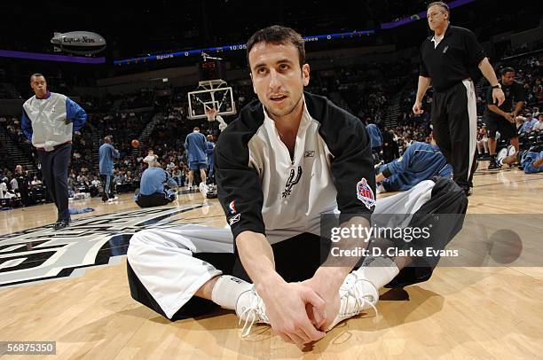 Manu Ginobili of the San Antonio Spurs stretches prior to a game against the Minnesota Timberwolves at SBC Center on January 28, 2006 in San Antonio,...