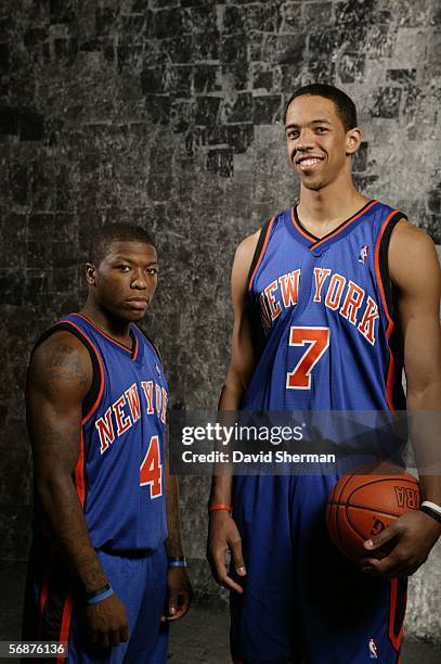 Nate Robinson and Channing Frye of the New York Knicks pose for the Sophomore/Rookie Portraits prior to T-Mobile Rookie Challenge on February 17,...