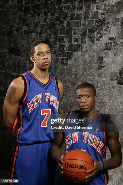 Nate Robinson and Channing Frye of the New York Knicks pose during the Sophomore/Rookie Portraits prior to T-Mobile Rookie Challenge on February 17,...