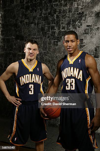 Danny Granger and Sarunas Jasikevicius of the Indiana Pacers pose during the Sophomore/Rookie Portraits prior to T-Mobile Rookie Challenge on...