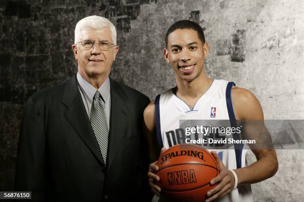 Devin Harris of the Dallas Mavericks and Head Coach Del Harris poses during the Sophomore/Rookie Portraits prior to T-Mobile Rookie Challenge on...
