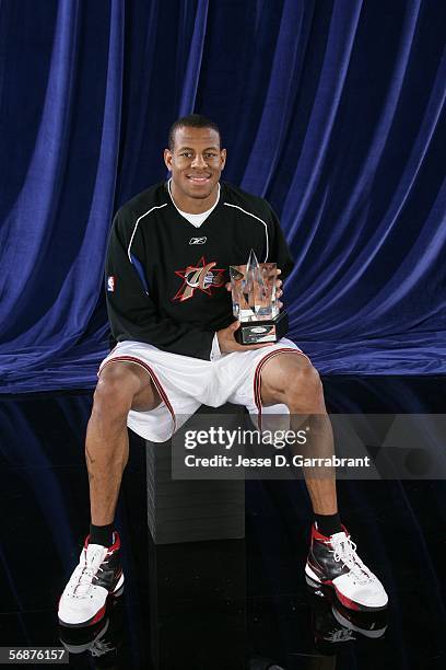 Andre Iguodala of the Sophomore Team poses with the MVP award after the 2006 T-Mobile Rookie Challenge on February 17, 2006 at the Toyota Center in...