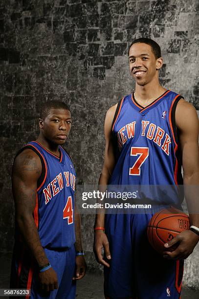 Nate Robinson and Channing Frye of the New York Knicks pose for the Sophomore/Rookie Portraits prior to T-Mobile Rookie Challenge on February 17,...