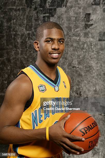 Chris Paul of the New Orleans Hornets poses during the Sophomore/Rookie Portraits prior to T-Mobile Rookie Challeng on February 17, 2006 at the...