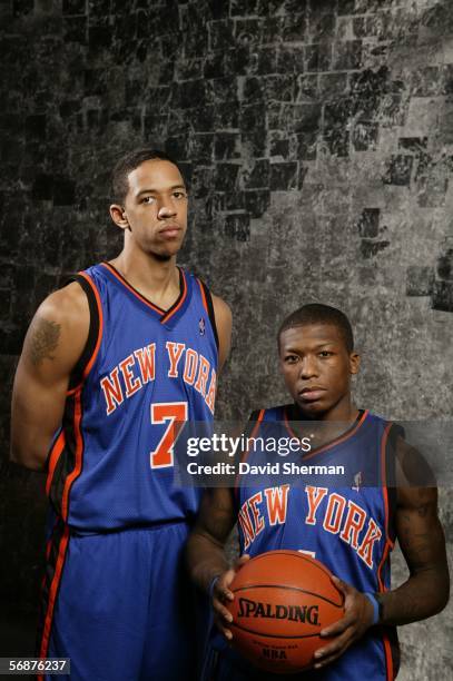 Nate Robinson and Channing Frye of the New York Knicks pose during the Sophomore/Rookie Portraits prior to T-Mobile Rookie Challenge on February 17,...