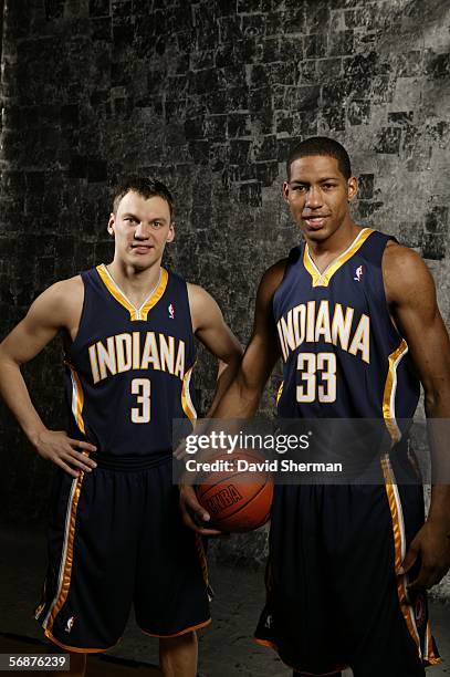Danny Granger and Sarunas Jasikevicius of the Indiana Pacers pose during the Sophomore/Rookie Portraits prior to T-Mobile Rookie Challenge on...