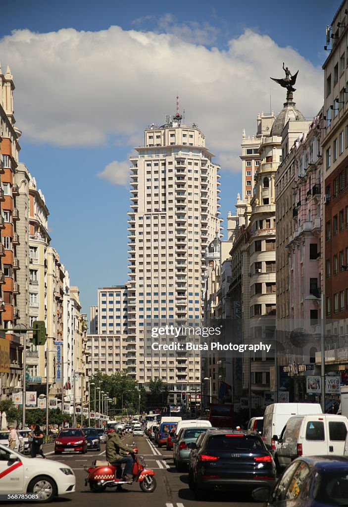 Traffic jam on Calle Gran Via, Madrid