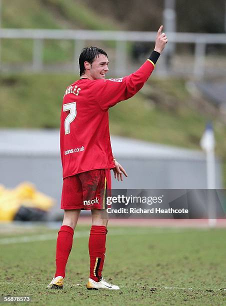 Chris Eagles of Watford celebrates scoring the first goal from his own end of the pitch during the Coca-Cola Championship match between Brighton &...