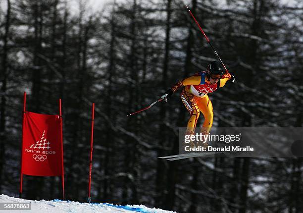 Brigitte Acton of Canada competes in the Downhill section of the Womens Combined Alpine Skiing competition on Day 8 of the 2006 Turin Winter Olympic...