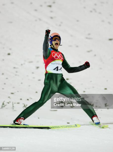 Andreas Kofler of Austria celebrates his silver medal in the Large Hill Individual Ski Jumping Final on Day 8 of the 2006 Turin Winter Olympic Games...