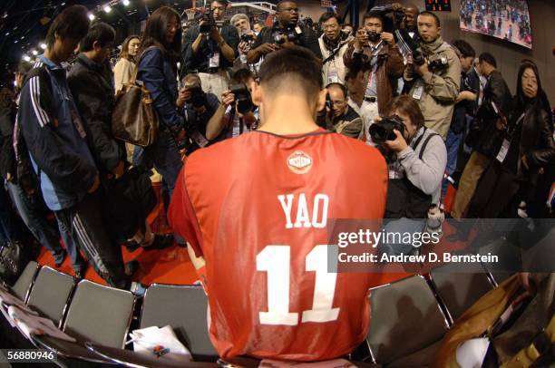 Yao Ming of the Western All-Stars talks to the media during the 2006 East/West All-Star Team Practice on February 18, 2006 at Jam Session at the...