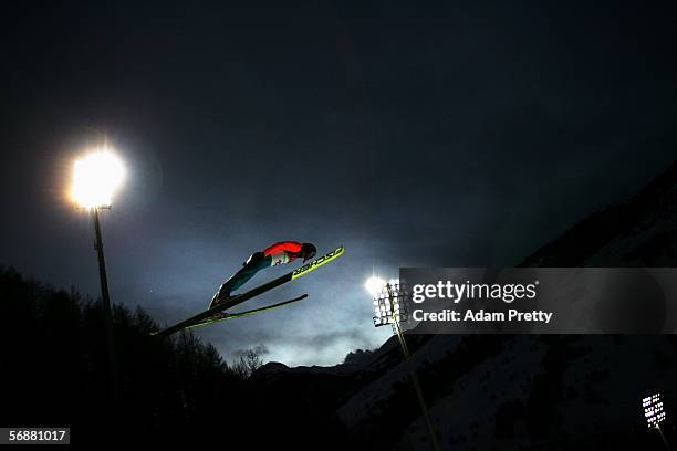 Dmitry Ipatov of Russia competes in the Large Hill Individual Ski Jumping Final on Day 8 of the 2006 Turin Winter Olympic Games on February 18, 2006...