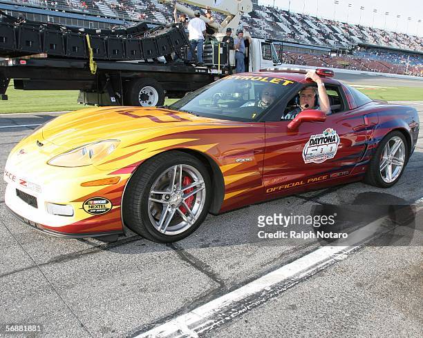 Host Jay Leno prepares to drive the pace car around the track after the NASCAR Busch Series Hershey's Kissables 300 race at Daytona International...
