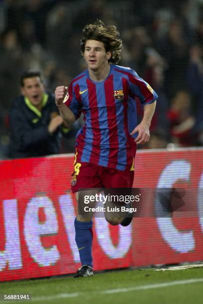 Leo Messi of FC Barcelona celebrates his goal during the match between FC Barcelona and Real Betis, of La Liga, on February 18 at the Camp Nou...