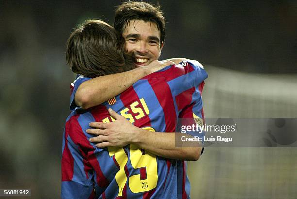 Deco and Leo Messi of FC Barcelona celebrate Messi's goal during the match between FC Barcelona and Real Betis, of La Liga, on February 18 at the...