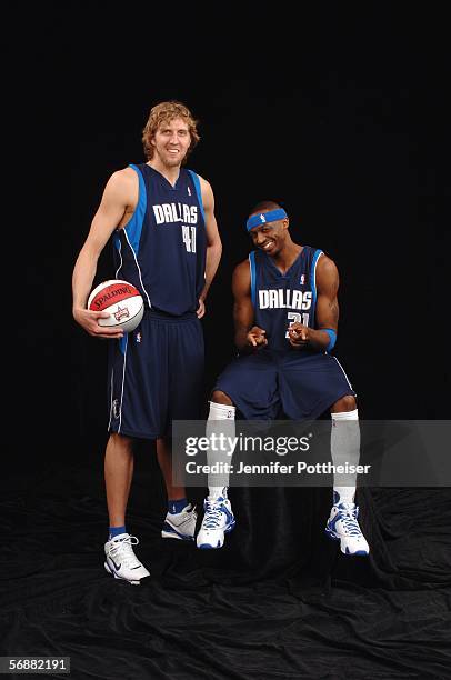 Dirk Nowitzki and Jason Terry of the Dallas Mavericks pose for a portrait prior to the 2006 Footlocker Three-Point Shootout on February 18, 2006 at...