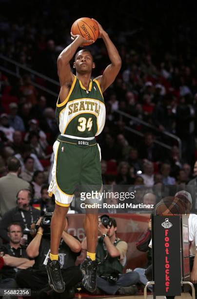 Ray Allen of the Seattle SuperSonics shoots in the Footlocker Three-Point Shootout competition during NBA All-Star Weekend at the Toyota Center on...