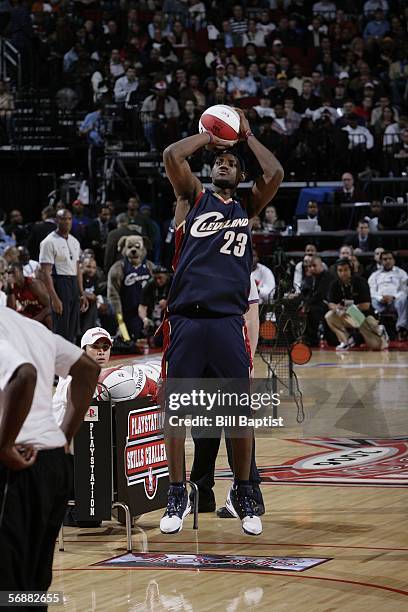 LeBron James of the Cleveland Cavaliers shoots during the PlayStation Skills Challenge held during All Star weekend on February 18, 2006 at the...