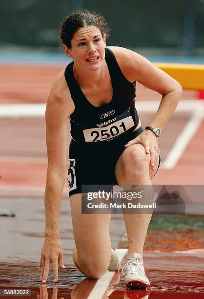 Fiona Crombie of New Zealand injures her ankle in the water jump in the Womens 3000 Metre Steeplechase during the Victorian Athletic Championships...