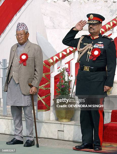Chairman of Nepal's Royal Council Parshu Narayan Chaudhary and The Commander in-Chief of The Nepalese Army Pyar Jung Thapa take part in National...