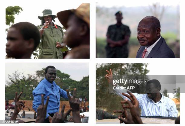 These four file photos show Ugandan President Yoweri Museveni and opposition leader Kizza Besigye during public appearances in Uganda. Museveni on 18...
