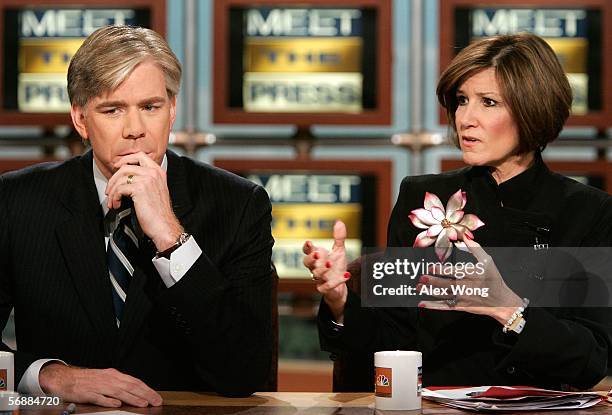 Former Counselor to U.S. Vice President Dick Cheney, Mary Matalin , speaks as NBC Chief White House Correspondent, David Gregory , listens as they...