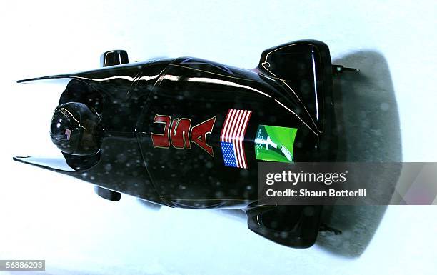 Todd Hays and Pavle Jovanovic of the United States compete in the Two Man Bobsleigh Final on Day 9 of the 2006 Turin Winter Olympic Games on February...