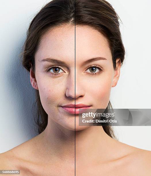 retouched face vs natural face - retouched image stock pictures, royalty-free photos & images