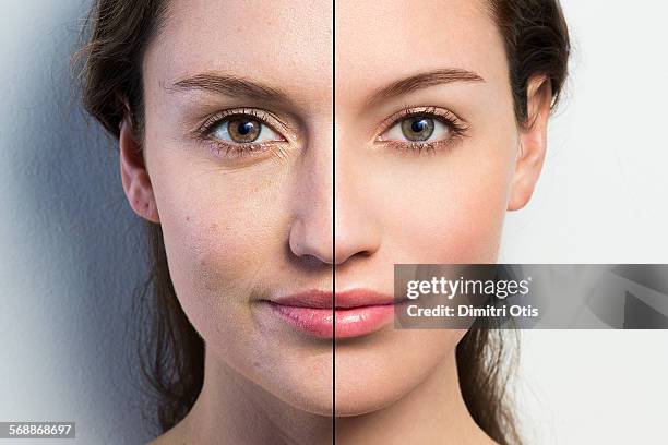 retouched face vs natural face close-up - filtro automatico di post produzione foto e immagini stock