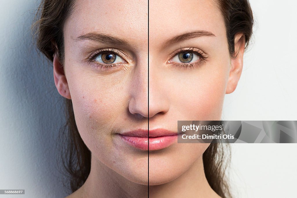 Retouched face vs natural face close-up