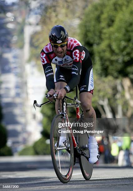 Jens Voigt of Germany and riding for Team CSC climbs Telegraph Hill in the prologue of the AMGEN Tour of California February 19, 2006 in San...