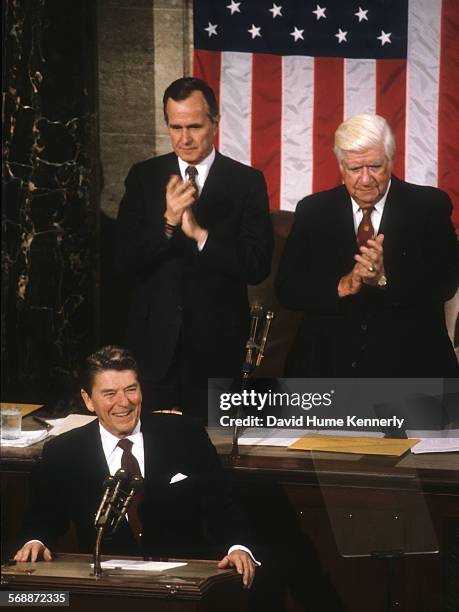 President Ronald Reagan's 2nd State of the Union Speech in the House Chambers in the U.S. Capitol, January 25, 1983. Vice President George Bush and...