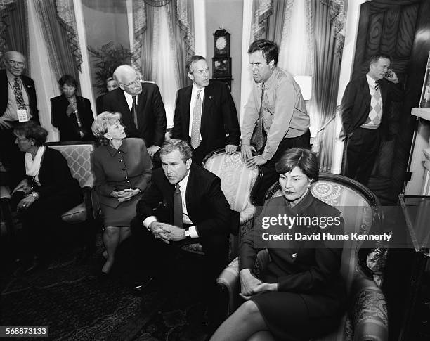 Gov. George W. Bush, the Republican Presidential nominee, Laura Bush, Lynne Cheney, Vice Presidential nominee Dick Cheney, Gov. Jeb Bush, and...